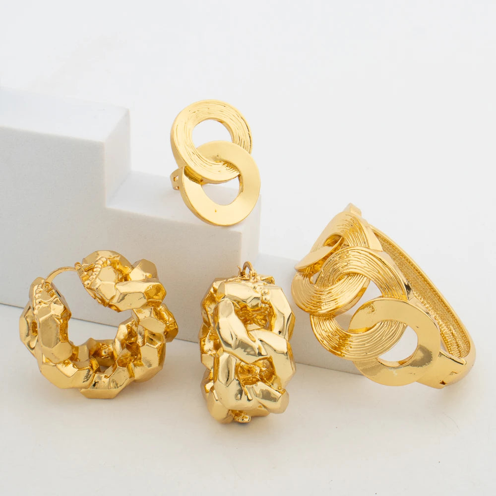 Hoop Earrings and Bangle Ring Jewelry Set for African 18k Gold Color Dangle Earrings Weddings Bridal Earrings Bangle Jewelry Set
