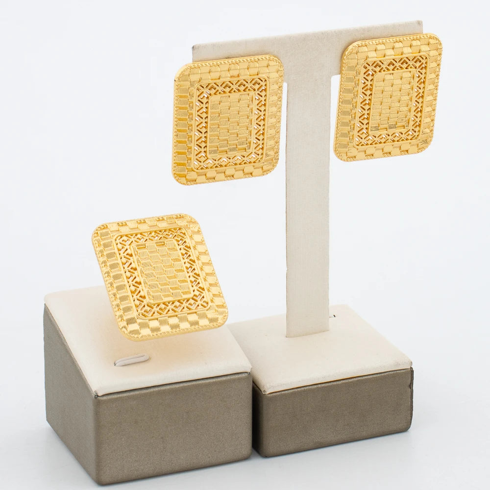 Luxury Gold Color Jewelry Set for Party African Square Design Earrings and Necklace Weddings Bride Jewellery Accessories Gifts