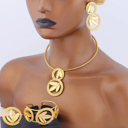 Classic Clover Gold Plated Jewelry Gift Necklace Earrings Bracelet Ring Set for Women Girl Bride Charm Bangle for Party Wedding