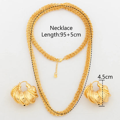 Dubai Gold Plated Jewelry Set Copper Bold Earrings for Women African Long Chain Necklace 45/60/80/100mm Wedding Bridal Jewelry