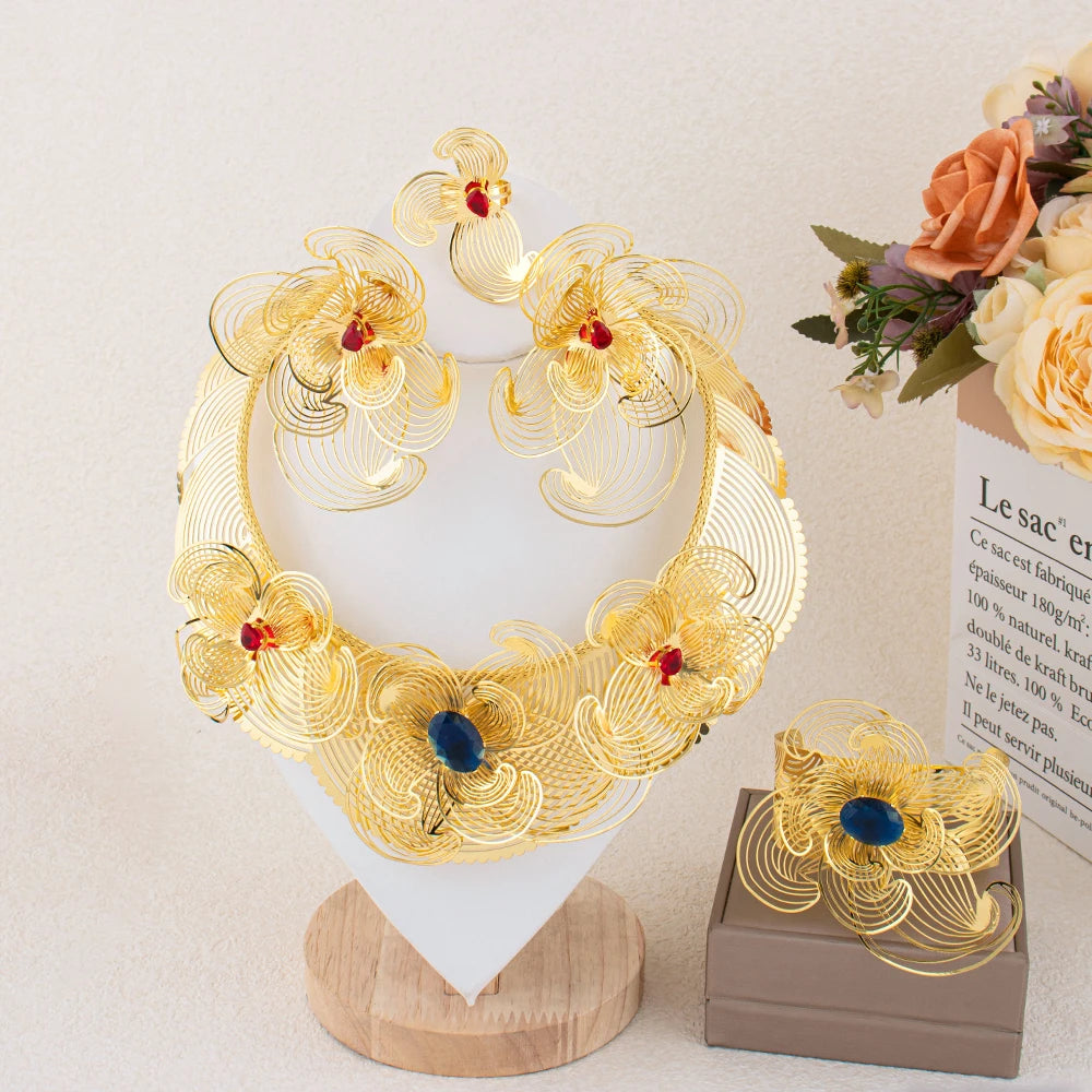 Luxury African Dubai Gold Color Jewelry Set For Women Long Chain Tassel Necklace Set Ethiopian Bride Wedding Bridal Gifts