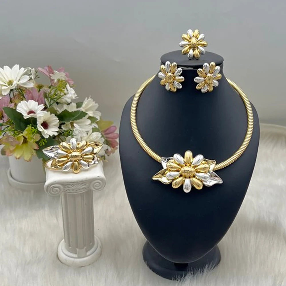 Dubai  Plated Vintage Flower Jewelry Set for Women—Necklace, Earring, Ring & Bracelet in One Elegant jewellery woman gi