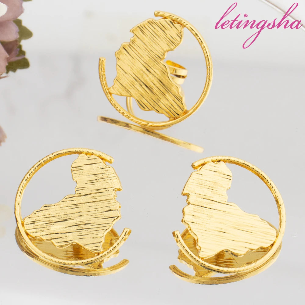 African Map Shape Gold Color Earrings Ring Jewelry Set for Women Clip Earrings and Finger Ring 2Pcs Set Weddings Daily Wear