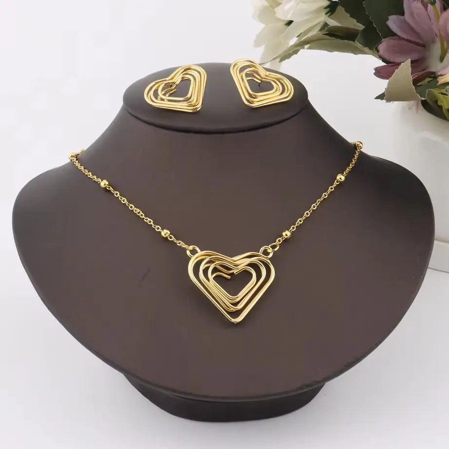 Heart Hollow Earrings & Necklace Set for Women, France Trendy Gift for Party Wedding, Exquisite Jewelry Women Set