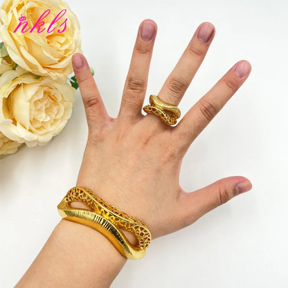 African Gold Color Jewelry Set for Women Arab Dinner Party Cuff Bangle and Ring Dubai Weddings Bride Jewelry Accessories Gifts