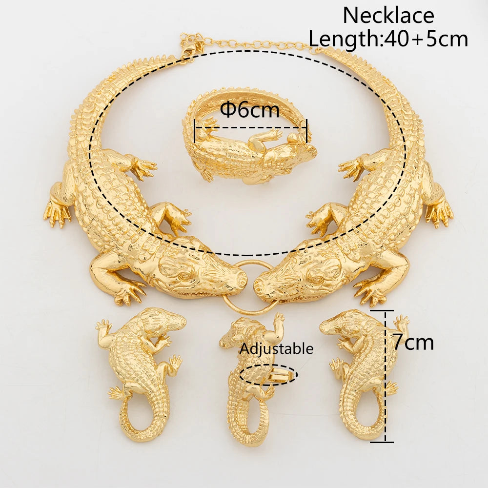 Fashion Jewelry Set Italian Gold Plated Crocodile Body Pendant Necklace Bracelet Earring Ring Woman Necklace Personality Design - YUEMING JEWELRY