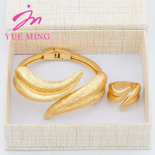 Dubai Leaf Cuff Bangle with Ring For Women 18k Gold Plated Bracelet Nigerian Wedding Jewelry Party Gift Jewelry Accessories - YUEMING JEWELRY