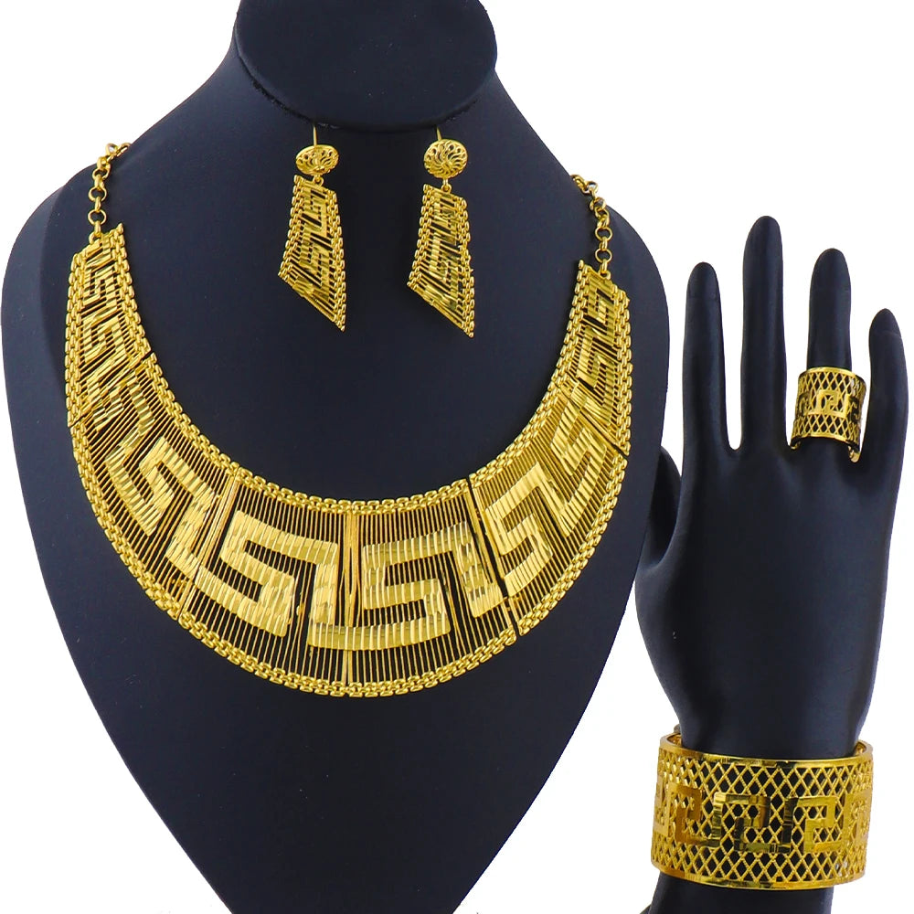 Luxury 24K Gold Plated Jewelry Set Fashion Woman Necklace Earrings Bracelet Ring set jewelry woman sets quality