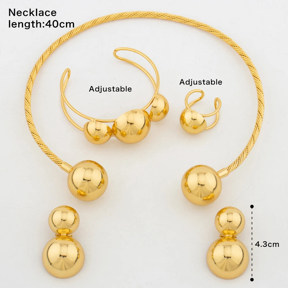 New Fashion Gold Color Jewelry Set Round Beads Earrings Necklace Copper African Dubai Bracelet Ring Italian 4PCS Jewelry Gift