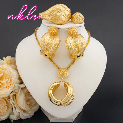 African Jewelry Set for Women Gold Color Necklace Earrings Drop Earrings Necklace Banquet Bride Bangle Ring Set Daily Wear
