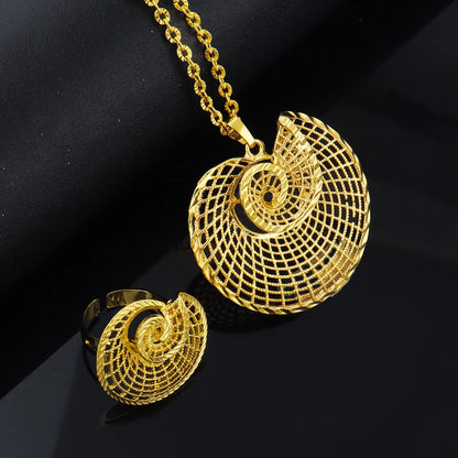 Round Gold Color Big Jewelry Set Hollow Out Design Necklace Earring Ring For Women Bridal Wedding Party Jewellery Gift