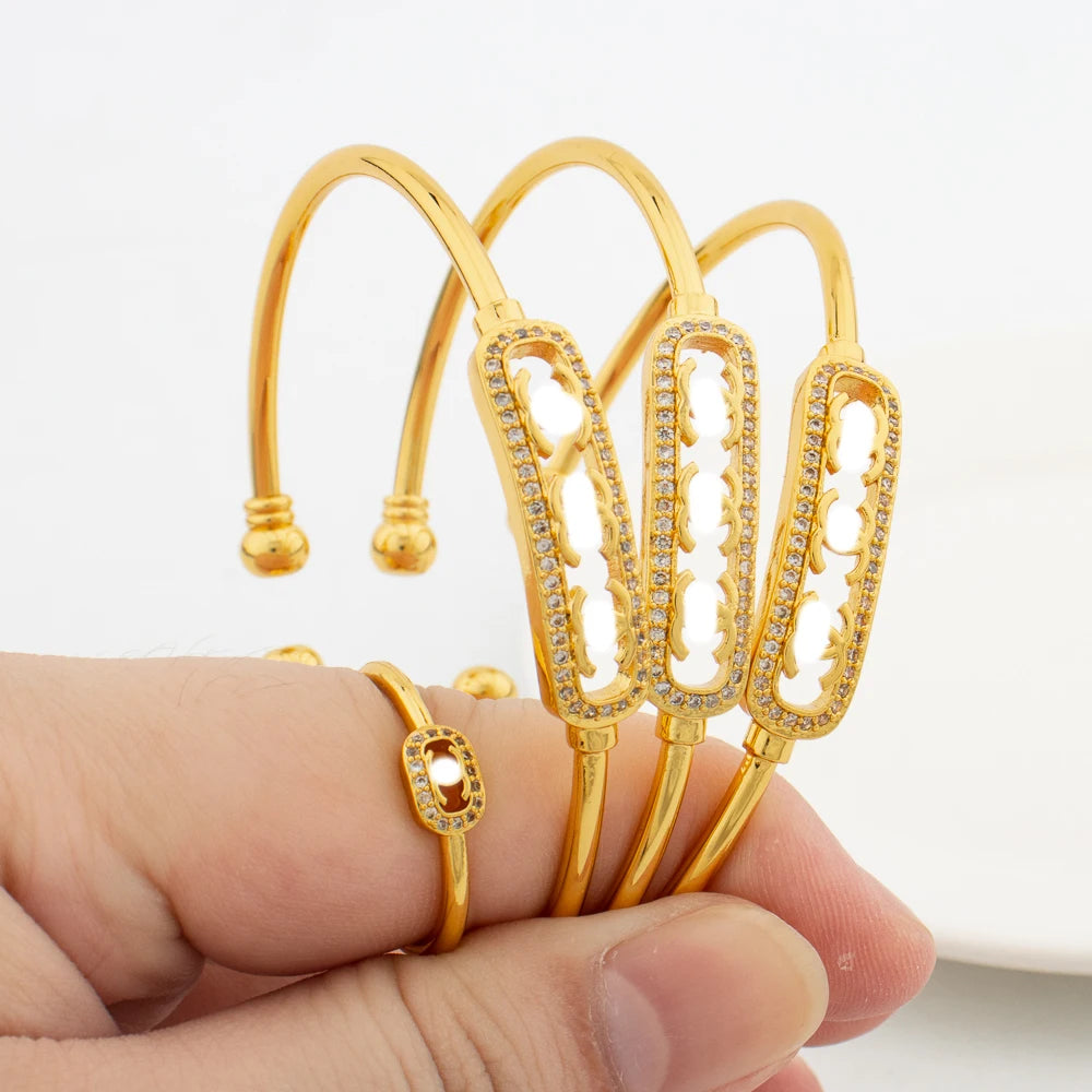 Fashion 3pcs Bangles with Ring Dubai Gold Color Lucky Bead Bracelets Luxury Hand Jewelry Sets for Wedding Party Anniversary Gift