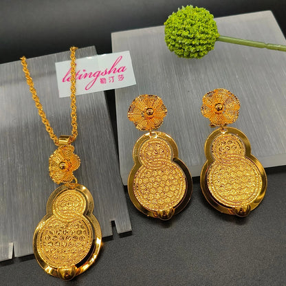 Good Luck & fortune Round Gourd Pendant Set For Women Necklace Earring Nigerian Gold Plated Jewellery Dubai Wedding Bridal Gift