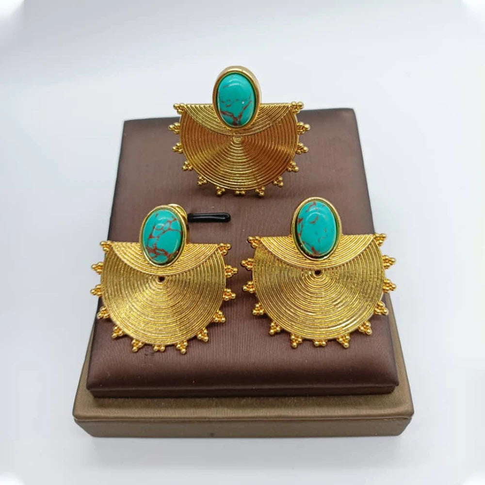 gold dubai jewelry set Gold Color Earrings Ring Set for Women Indian Luxury Earrings Ring Turkish Wedding Bride Design Jewelry