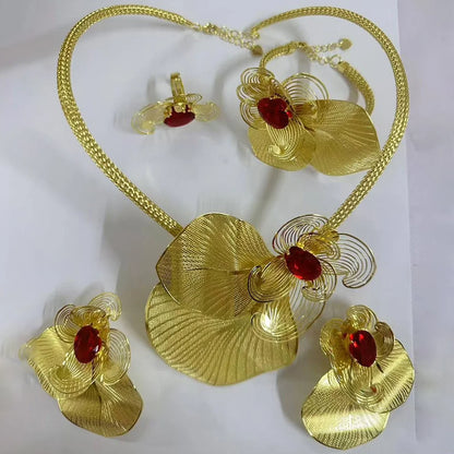 Luxury Crystal Design Jewelry Set for Women Bohemia Floral Design Necklace Drop Earrings Weddings Engagement Bracelet Ring Set