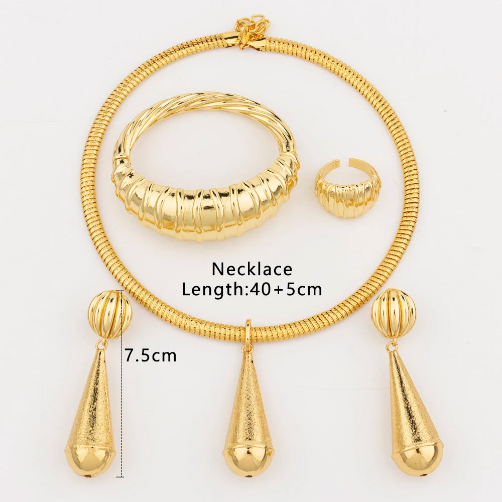 Water Drop Earrings Necklace Jewelry Set for Women Indian Dubai Gold Color Bracelet Ring for Wedding Bride Clothing Accessories