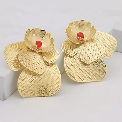 African Luxury Elegant Hollow Flower Shaped Necklace Ring Earrings Set For Party and Wedding Jewelry Set Gift For Women