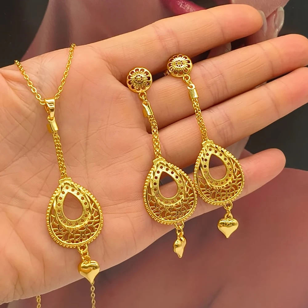 African Gold Color Jewelry Set for Party Elegant Hollow Out Design Drop Earrings and Necklace 2Pcs Set for Engagement Party Gift