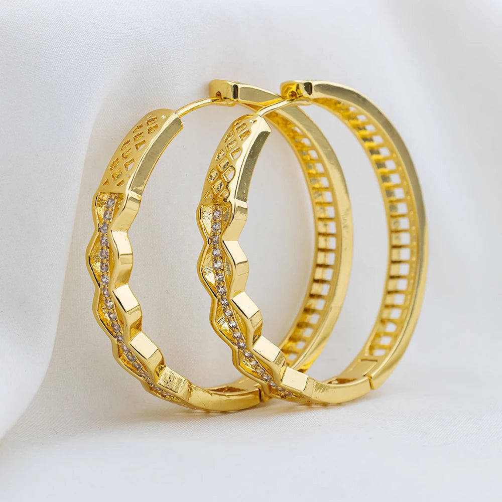 4set Gold Color Hoop Earrings for Women Exquisite Fashion Round Hollow-out Wedding Copper Earrings Engagement Jewelry Accessory - YUEMING JEWELRY