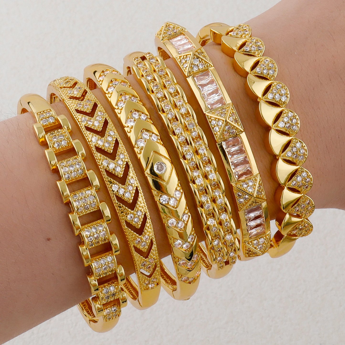 Handmade Golden Zircon Flower Bracelet with Sparkling Crystal Openwork Design Jewelry Set for Women Elegant Bangle Earring Acces