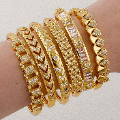 Handmade Golden Zircon Flower Bracelet with Sparkling Crystal Openwork Design Jewelry Set for Women Elegant Bangle Earring Acces