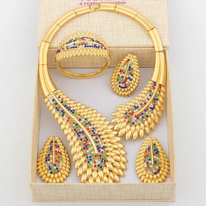 Italian Plated Jewelry Set for Women - Large Color Lady Necklace Earrings Bracelet Ring - High Quality Wedding Jewelry
