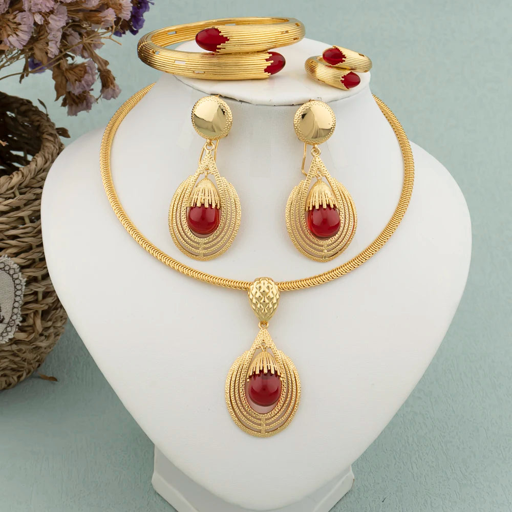 4 pcs Women Dubai Jewelry Sets Italy Drop Earrings 18K Gold Plated Female Necklace Bracelet Ring Engagement Bridal Jewelry Gift