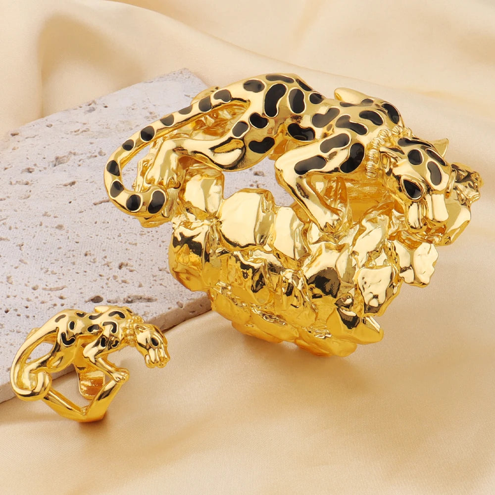New arm cuff jewelry dubai Black leopard Bracelets ring Jewelry set Gothic Creative Fashion Party Gifts Wholesale