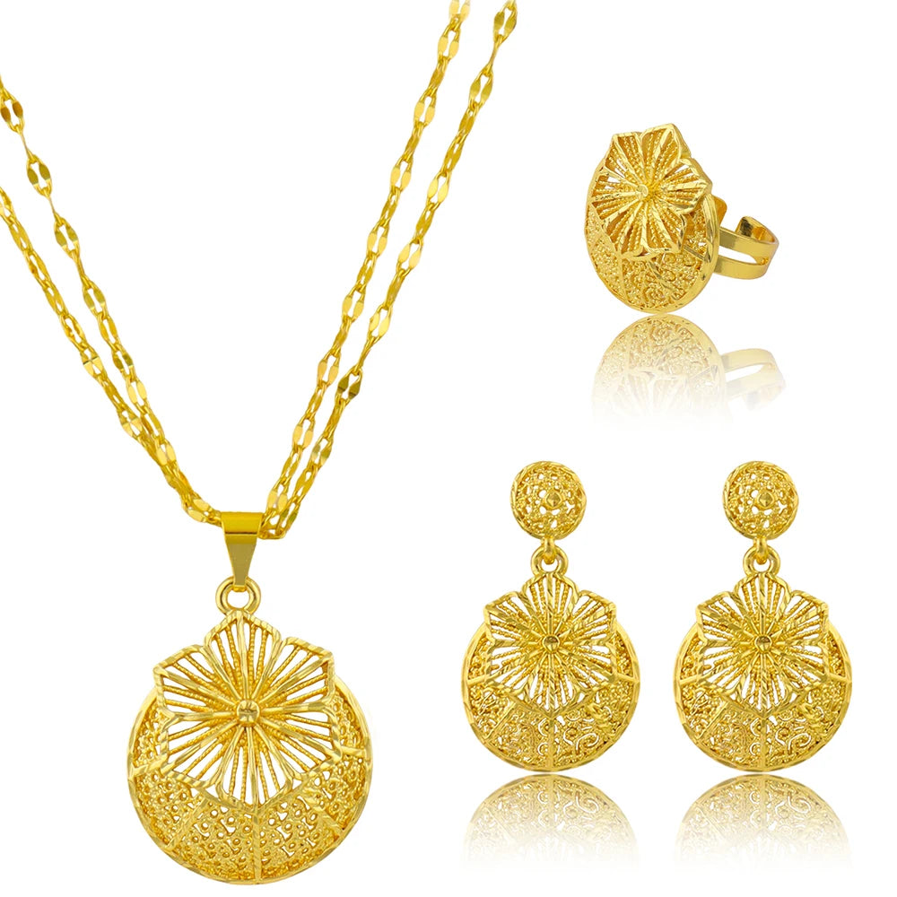 Fashion Gold Color Jewelry for Women Necklace Earrings Rings Set For Women Daily Wear Party Anniversary Gifts