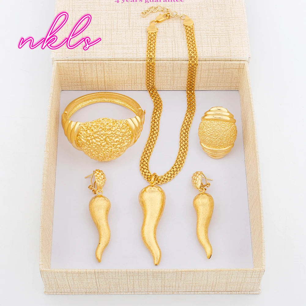 African Fashion Jewelry Set Ethiopian Dubai Luxury Design Necklace Gold Color Bangle Ring Trend Wedding Party Gift Earrings Jewe