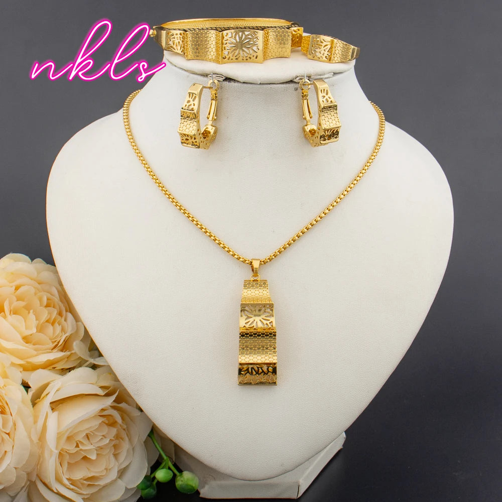 Plated Italian Jewelry Set for Women – Pendant Necklace & Hoop Earrings, Cuff Bracelet & Ring, Elegant Party Gift, Wom