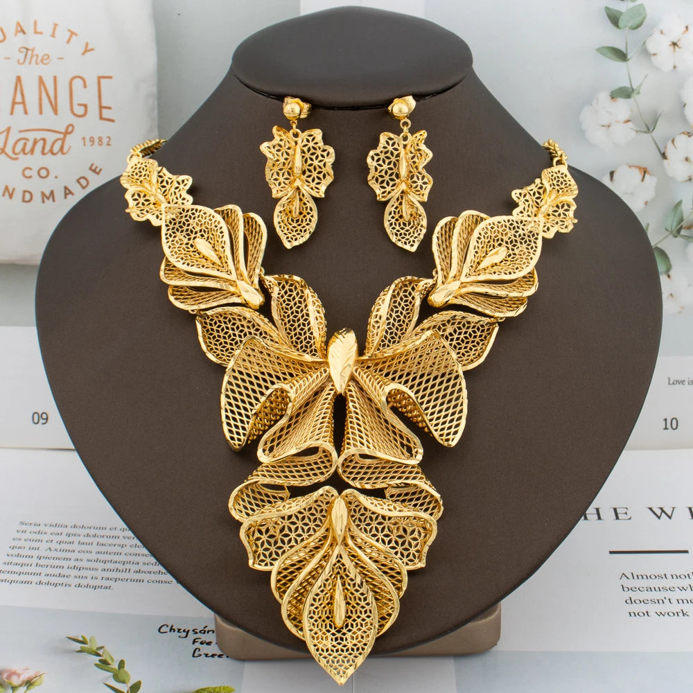 Women Necklace Earrings Italy Fashion Luxury Jewelry Set Bud Large Pendant Earrings Gold Plated Nigeria Dubai Party Jewelry Gift