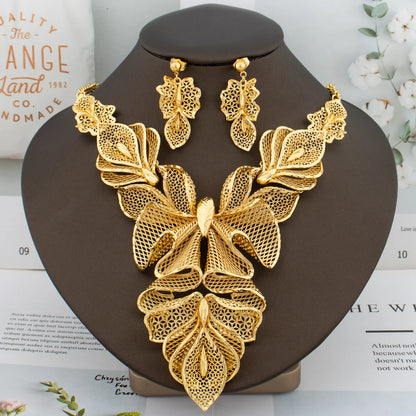 Women Necklace Earrings Italy Fashion Luxury Jewelry Set Bud Large Pendant Earrings Gold Plated Nigeria Dubai Party Jewelry Gift