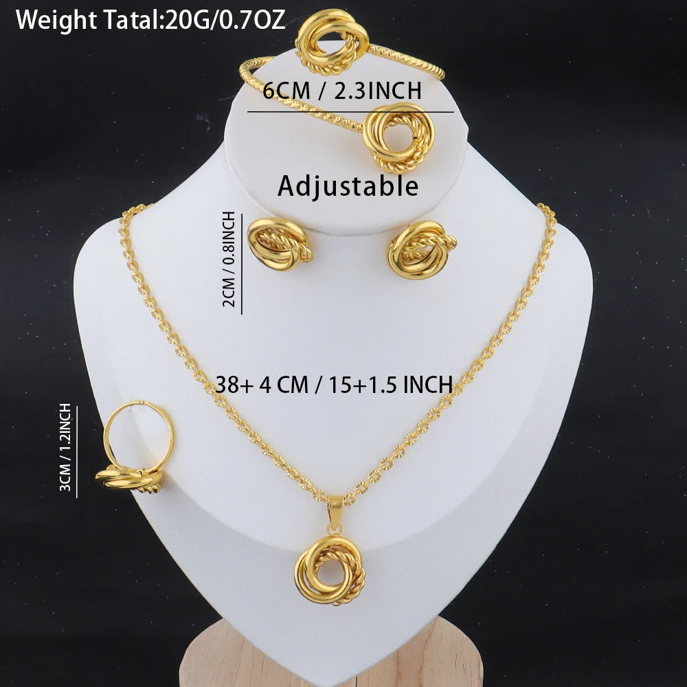 New Fashion Stainless Steel Gold Color Interlocking Circles Roman Numbers Jewelry Sets Women 4pcs Waterproof Jewelry Set Gift