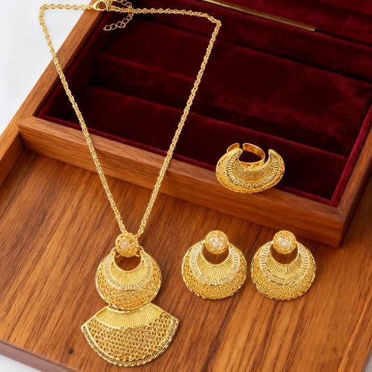 Dubai Gold-Tone Jewelry Set for Women – Earrings, Necklace & Rings, Indian Bridal Costume, Nigerian Wedding Party Gift