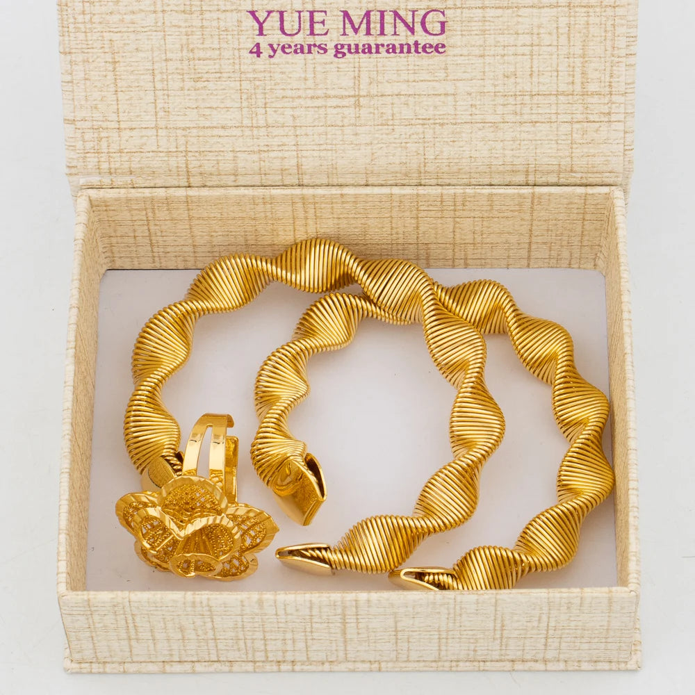 Dubai Trend Jewelry Set for Women, Gold Color Cuff Bangle with Ring, New Design, Beads Bracelet, Wedding Accessories, Bridal Jew