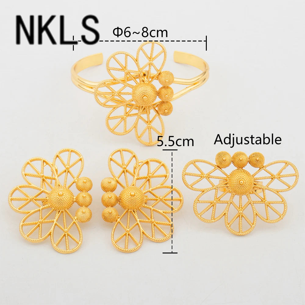 24K African Cuff Bangle Ring Set – 18K Gold Plated Beads Design Jewelry for Dubai Engagement Gifts jewellery woman jewelry sets