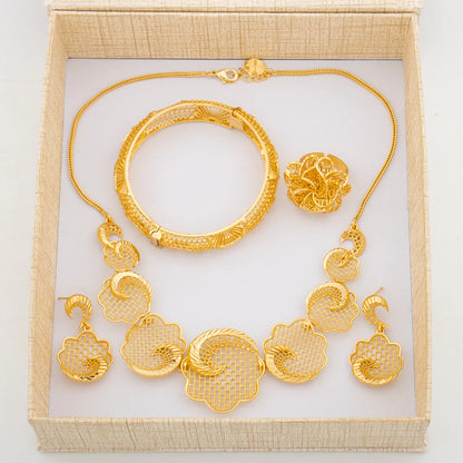 Dubai Gold Color Jewelry Set for Women Flower Design Necklace and Earrings with Bangle Ring 4Pcs Set for Brazilian Accessories