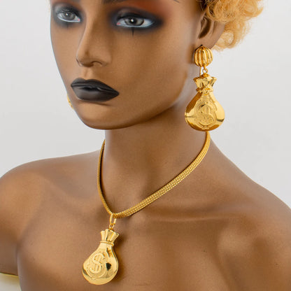 African Gold Color Jewelry Set for Women Drop Earrings and Pendant Necklace Dubai Bangle Ring 4Pcs Set for Anniversary Jewelry