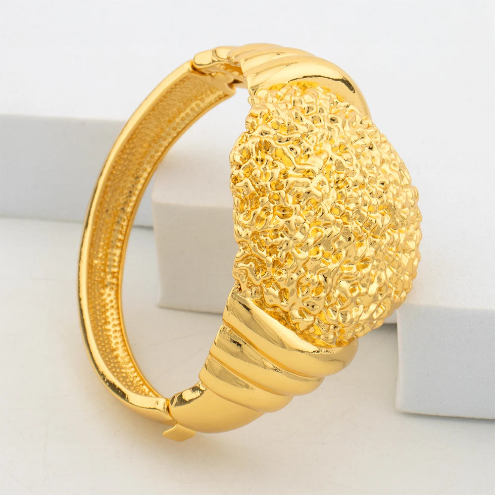 Fashion Round Style Bracelet with Ring Set Woman Dubai 18K Gold Color Jewelry Set Round Bangle Party Banquet Jewellery