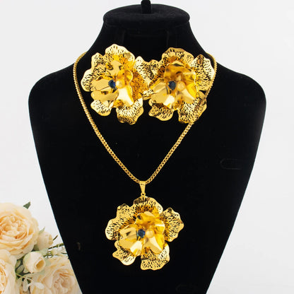 Dubai Luxury Flower Shape Women Jewelry Nigeria Wedding Zircon Collection Earrings Gold Color Bridal Necklace Pendant For Party