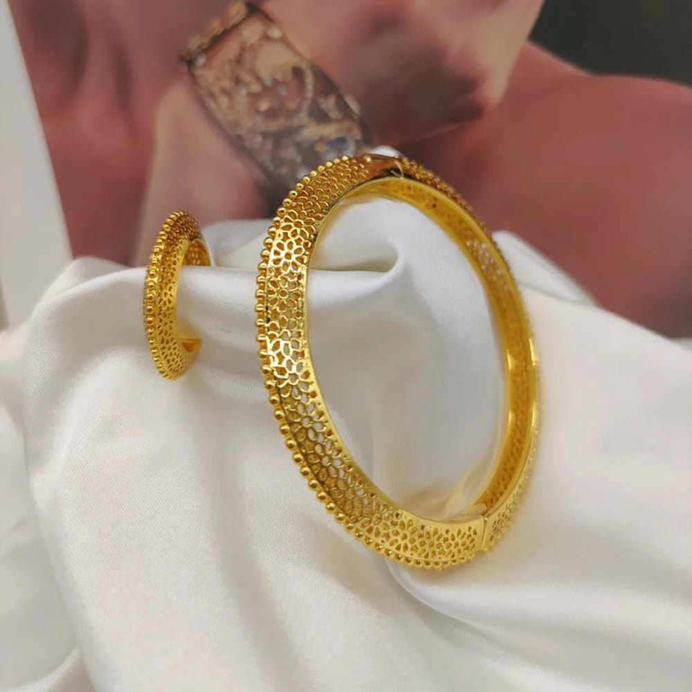 Dubai Gold Color Bangle and Ring Set for Party Bohemia Design Hand Bracelet and Finger Ring 2Pcs Set for Engagement Party Gifts