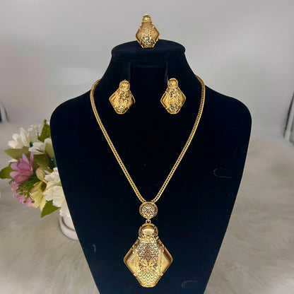 2025 Dubai -Plated Luxury 3Pcs Jewelry Set for Women – Elegant Necklace, Ring & Earrings, Bridal Gift for Nigeria Weddi