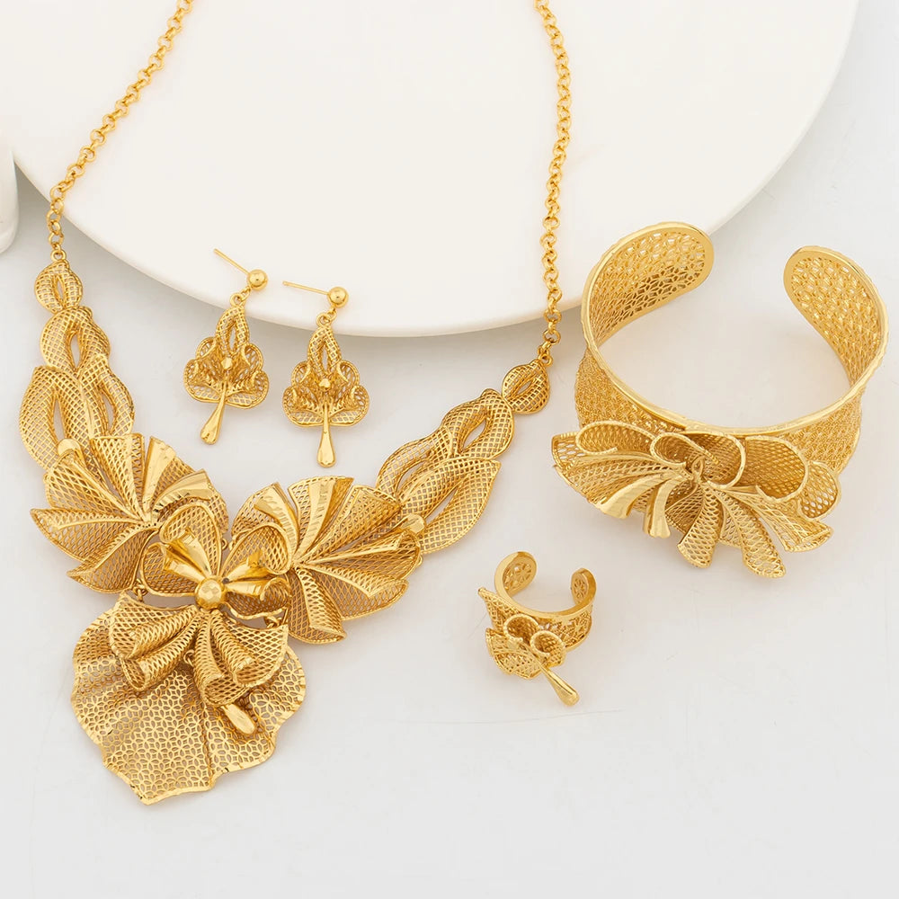 YM Necklace For Women Dubai Gold Plated Jewelry Set Original Flower Shape Earrings Rings Bracelets Wedding Gifts Nigeria Bangles - YUEMING JEWELRY