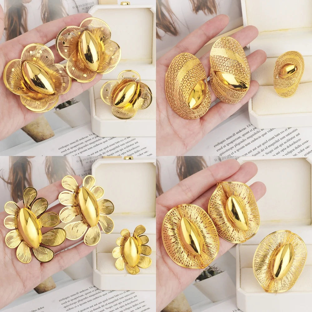 2025 New Trend Gold Color Ring and Earrings For Women Europe and America Exaggerated Hollow Out Jewelry Set For Party Wedding