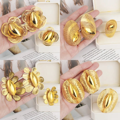 2025 New Trend Gold Color Ring and Earrings For Women Europe and America Exaggerated Hollow Out Jewelry Set For Party Wedding