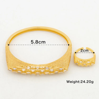 Gold Color Bangle with Ring Jewelry Set African Bride Shine Crystal Design Charm Bangle and Finger Ring 2Pcs Set for Weddings