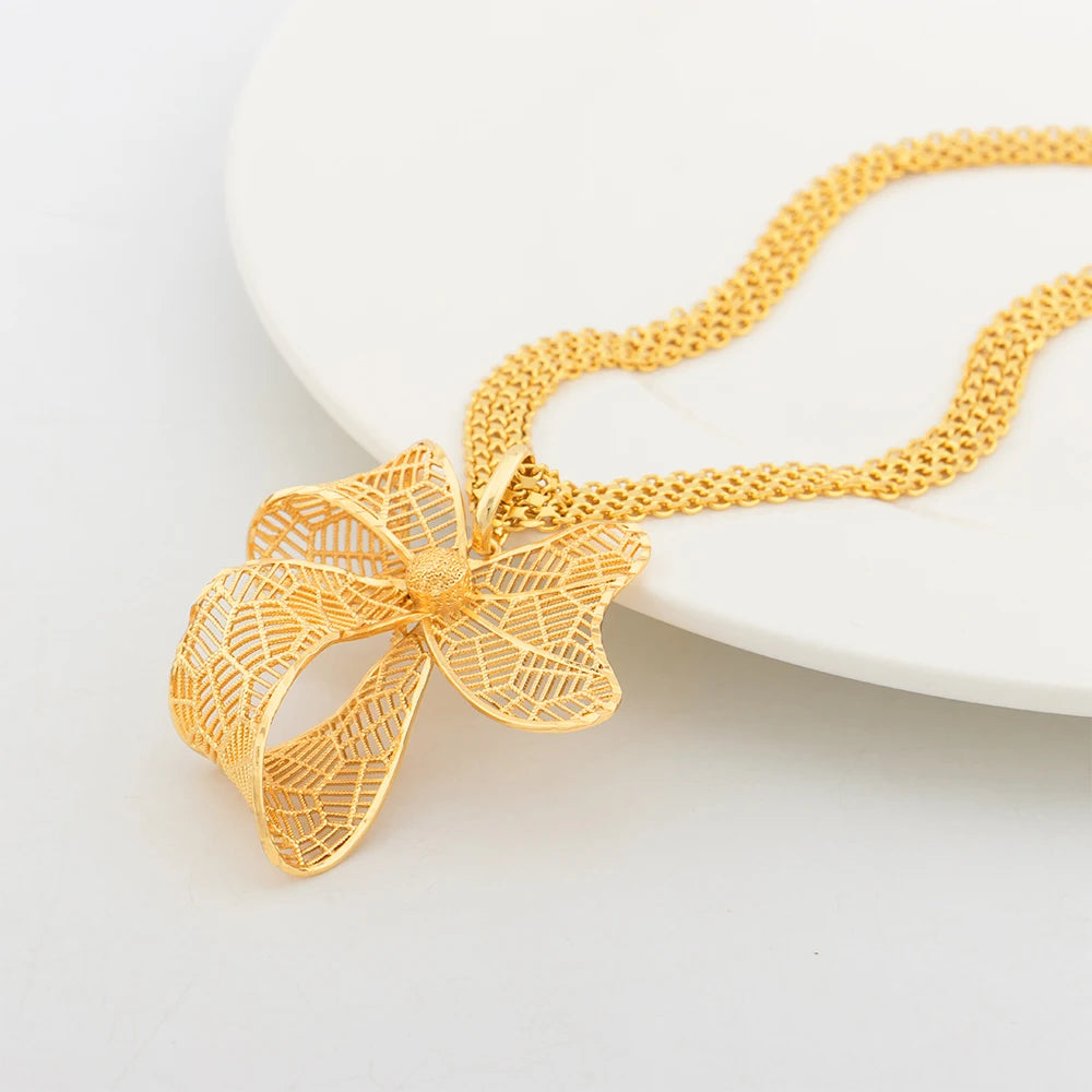 YM Dubai Gold Color Jewelry Sets for Women Copper Necklace Earrings Bowknot Pendant African Bridal Wedding Jewelry Accessories