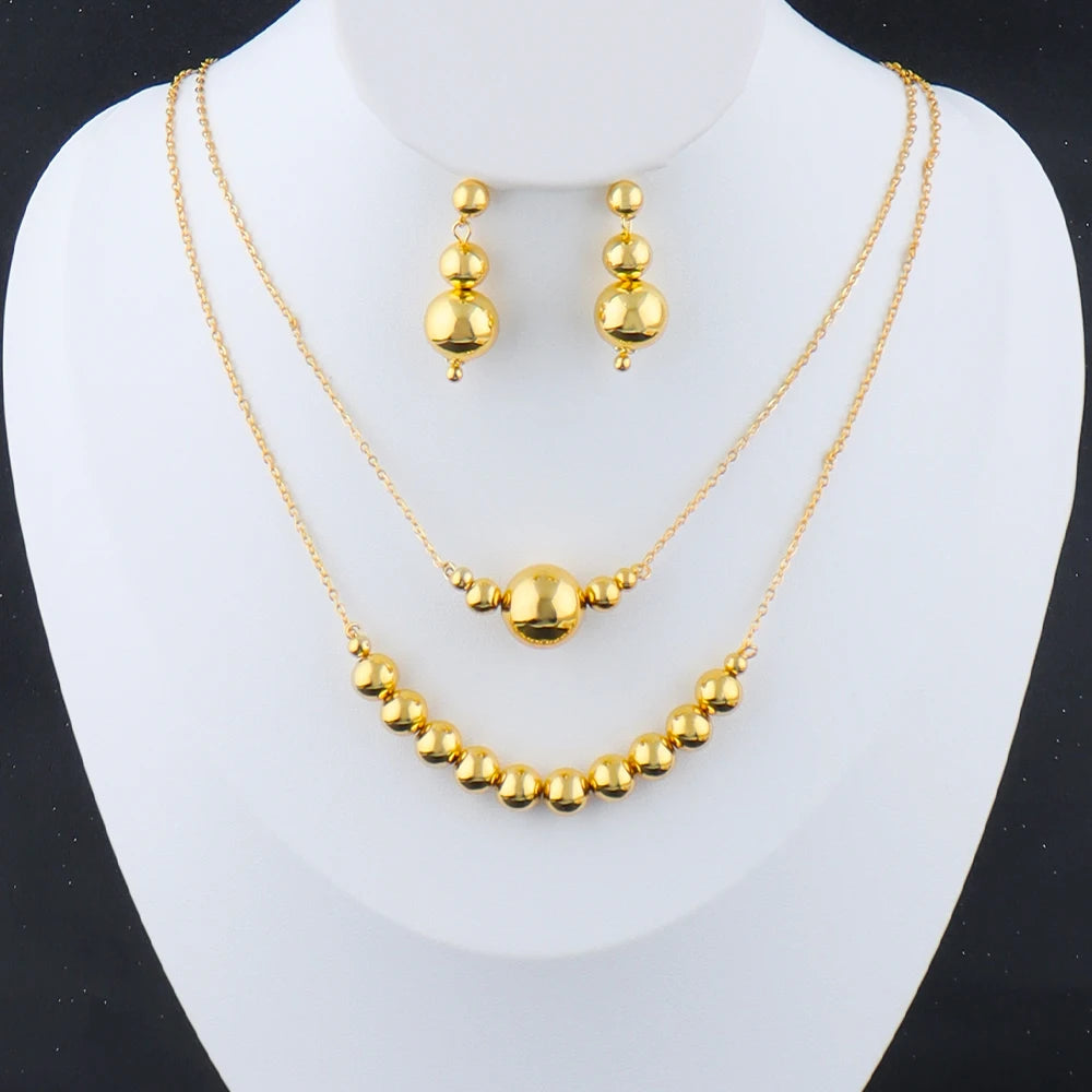 Plated Italy-French Round Bead Necklace & Earrings Jewelry Set for Women, Smooth  Color Gift for Party Wedding