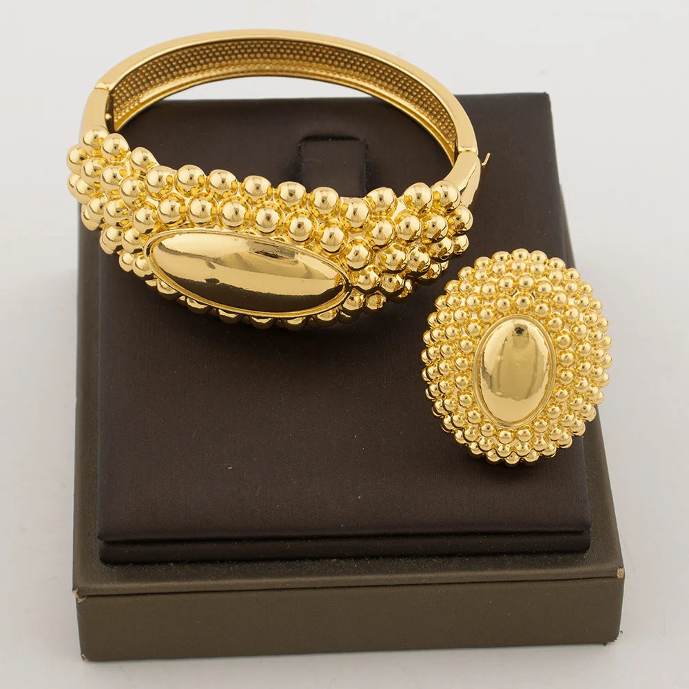 Brazilian Bangle with Ring Jewelry Set for Party 18k Gold Color Hand Bracelet Cocktail Ring 2Pcs Set for Weddings Engagement